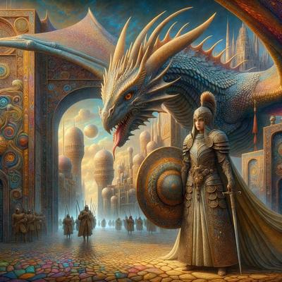 The primary subject of the image is a woman dressed in medieval armor, standing in front of a large dragon. The setting is a city with a castle in the background. The visual style is a digital art illustration, featuring a combination of medieval armor and a dragon. The colors and mood of the image are dark and dramatic, with the woman's armor and the dragon's scales being the main focus.